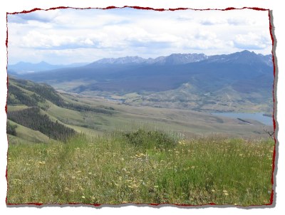 View of Gore Range, Lower Blue River Valley and Green Mountain Reservoir  from Williams Peak 4x4 road